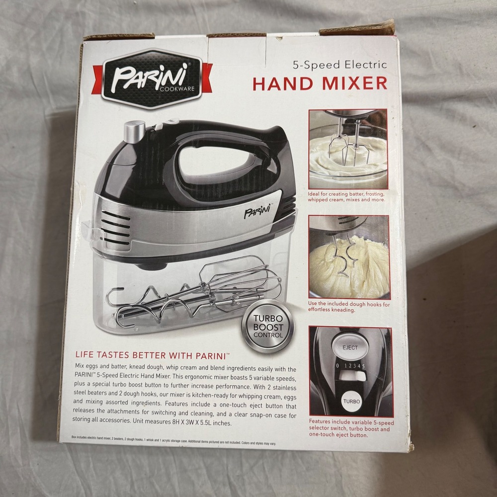 Parini 5-Speed Electric Hand Mixer Black Silver Turbo Boost INV10013 New Box - Picture 2 of 7